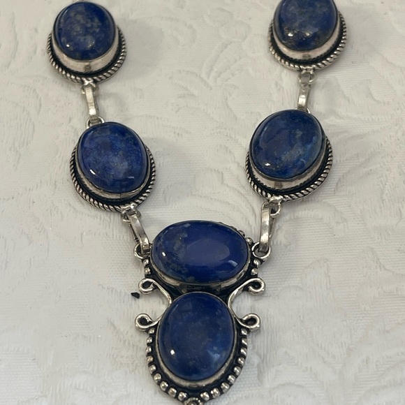 Vintage Blue Lapis Cabochon Sterling Silver 925 Filigree Beads Necklace 18.5” - Picture 6 of 9
